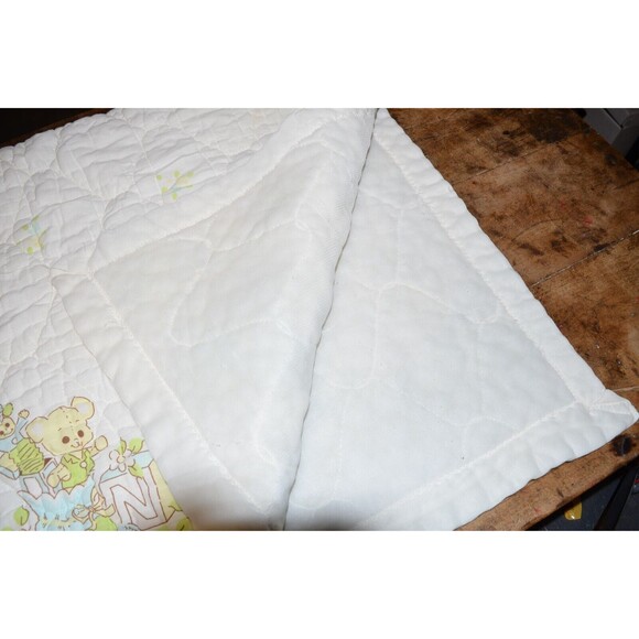 Vtg Baby Blanket Crib Quilted  42x32 Teddy Bears Satin trim Blocks beach balls - Picture 8 of 11